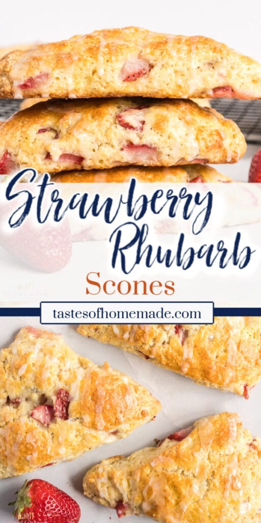 Strawberry rhubarb scones with text