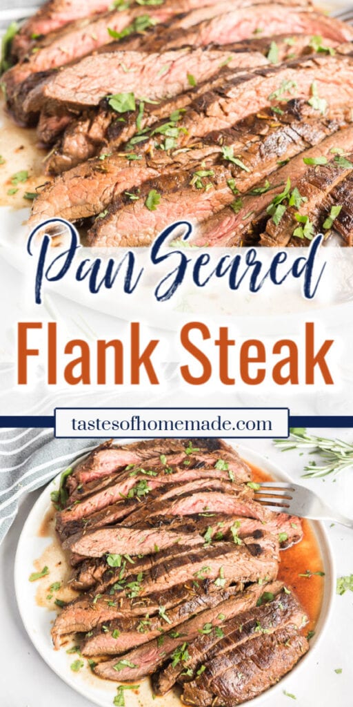 Pin image of sliced flank steak with text overlay
