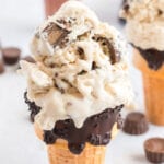 Peanut butter cup ice cream in a chocolate dipped cone