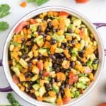 Black bean corn salsa in a purple serving dish.
