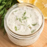 Tartar sauce in a half pint jar garnished with fresh dill.