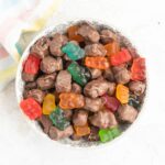 A bowl of chocolate covered gummy bears.