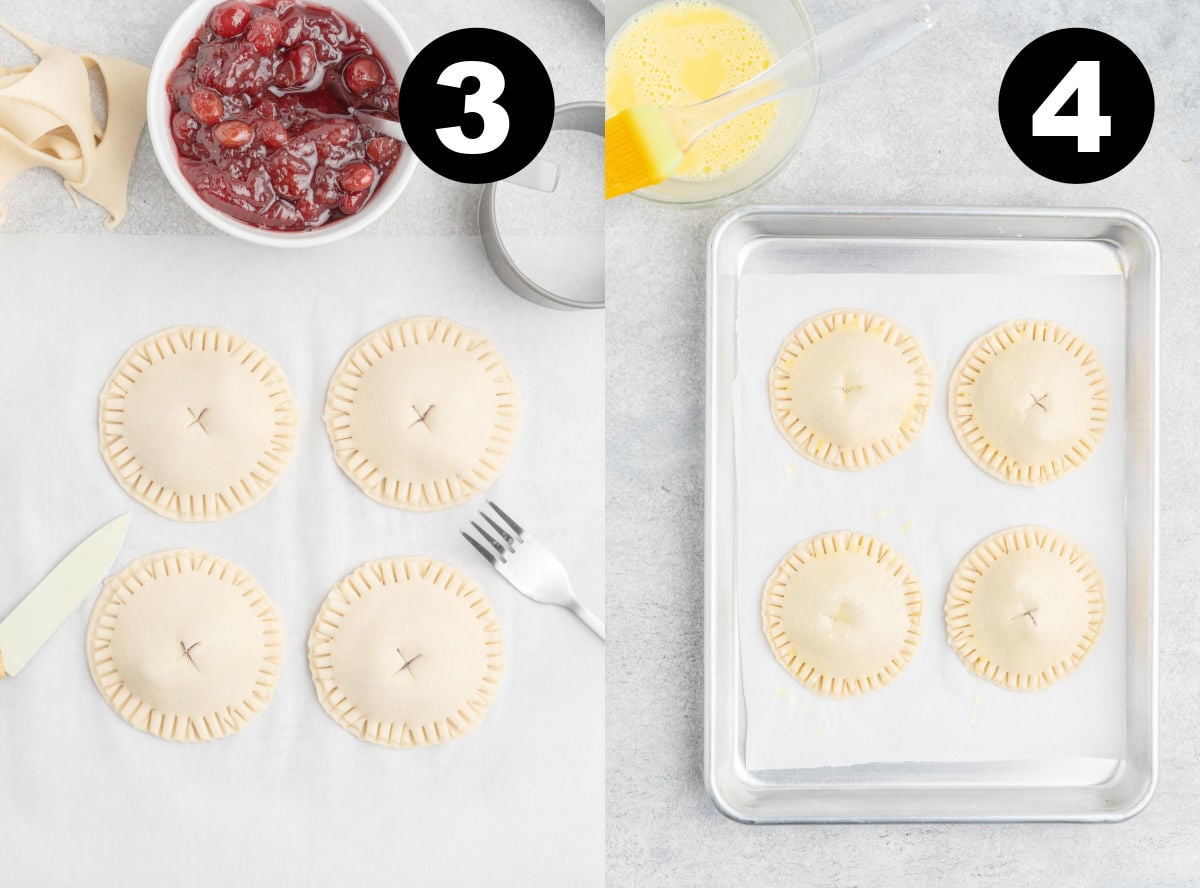 Four hand pies sealed around the edges with a fork, an x sliced in the top of each, then brushed with egg.