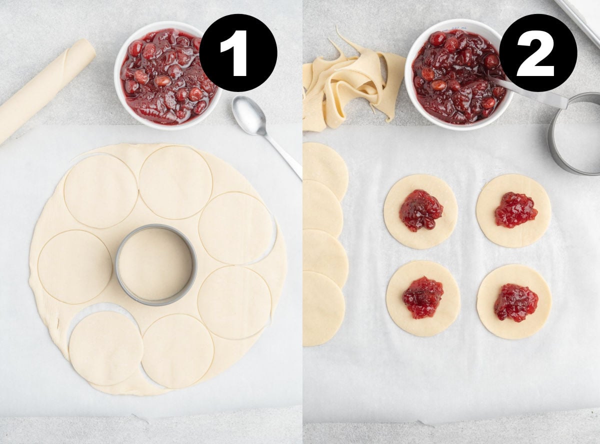 Pastry rolled out and cut into 8 rounds with a round cutter, and 4 pastry rounds topped with cranberry sauce. 