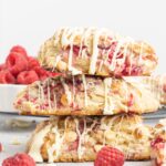 A stack of raspberry white chocolate scones.