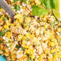 Street corn pasta salad in a serving bowl.