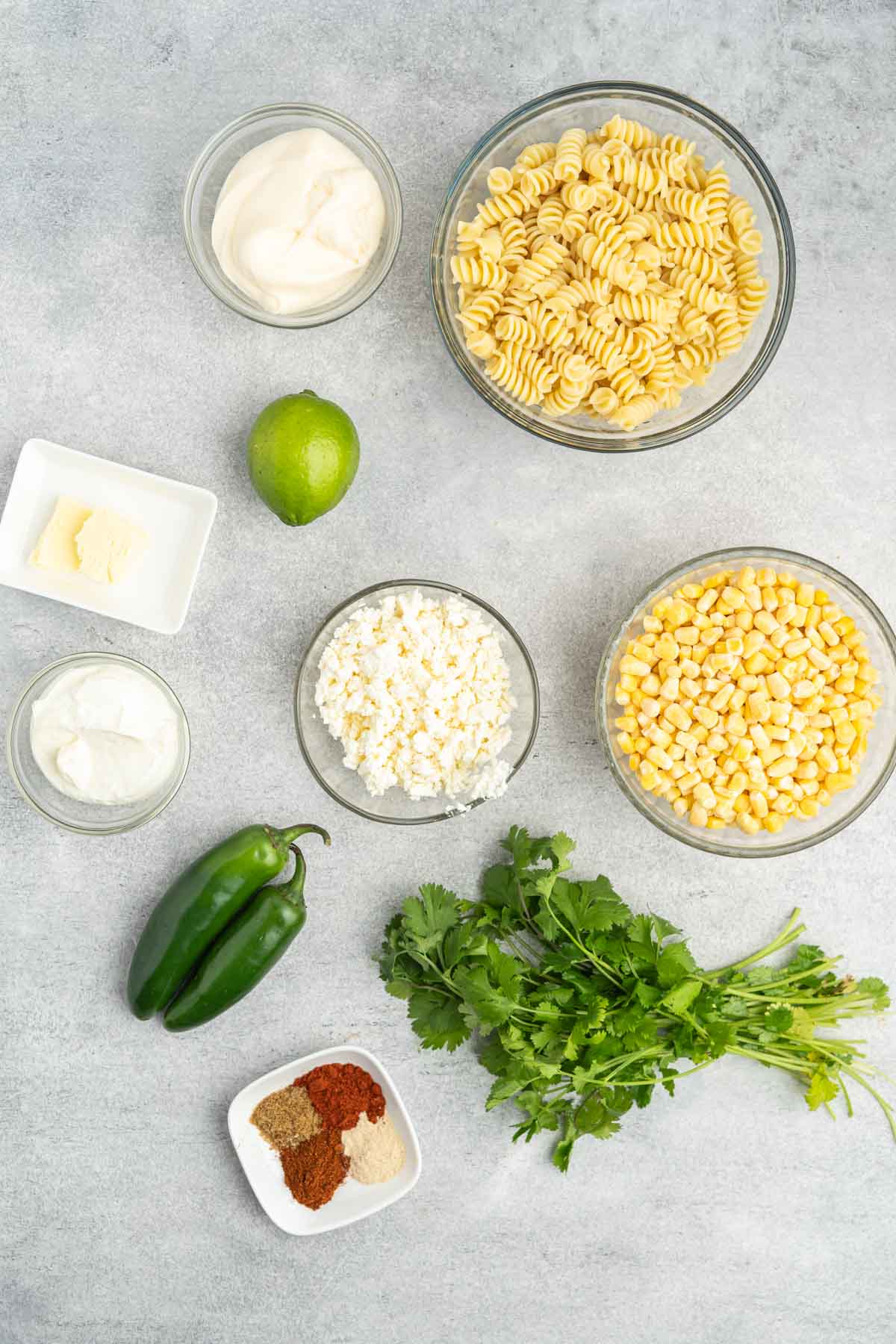 Ingredients for elote pasta salad.