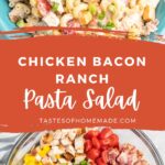 Chicken, bacon, pasta, cheese, peppers, tomatoes, and green onion in a bowl.
