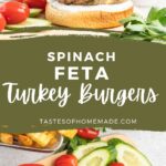 Turkey burger with cucumber and tomato on a brioche bun with a side of french fries.