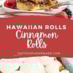 A tray of cinnamon rolls with cream cheese frosting and one on a plate with fresh berries.