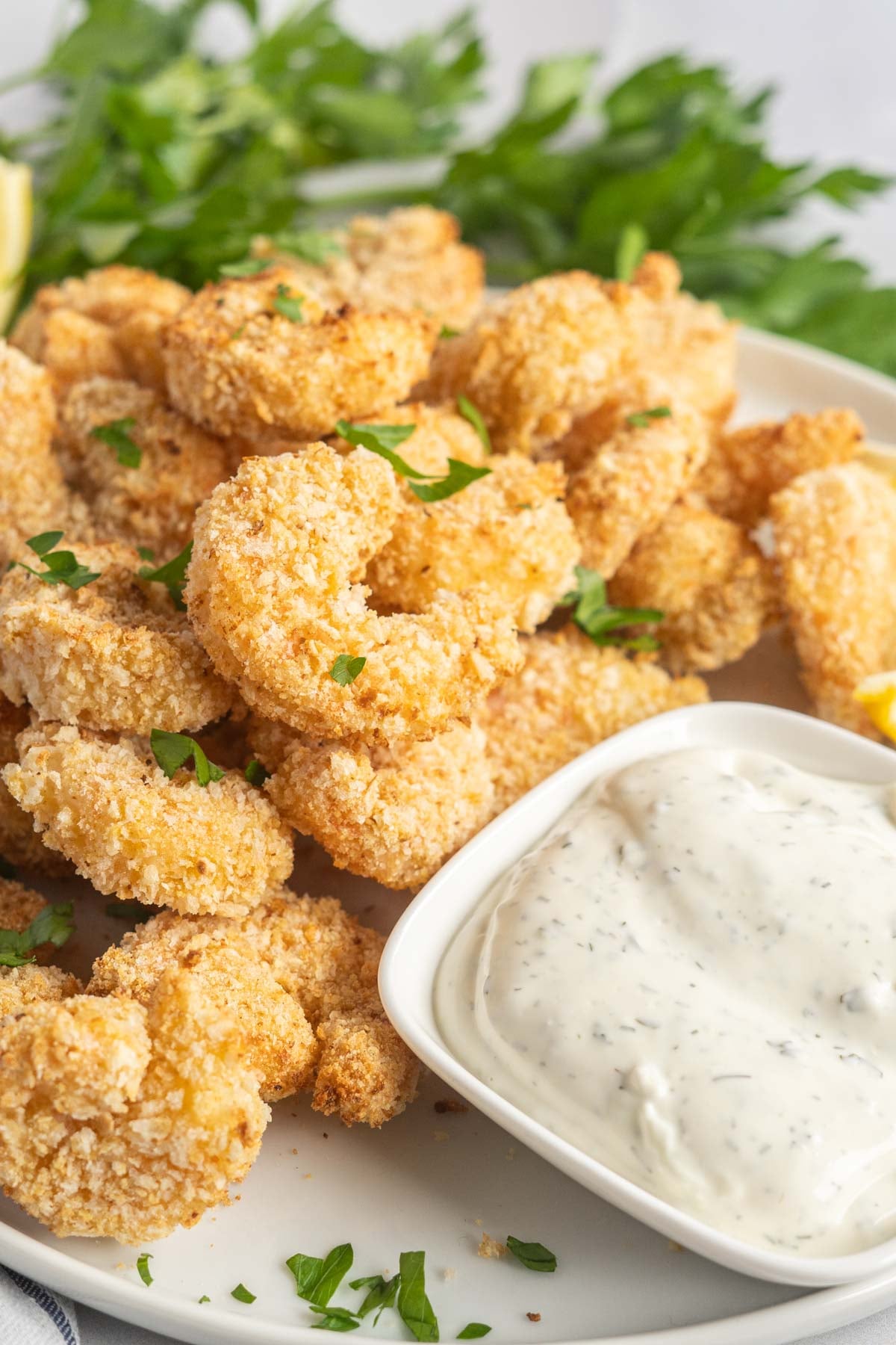 Breaded shrimp on a plate with dill dip. 