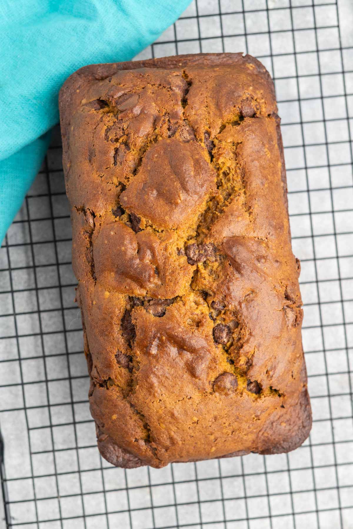 Loaf of pumpkin bread on a cooling rack.