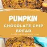 Sliced pumpkin chocolate chip bread on a cutting board.